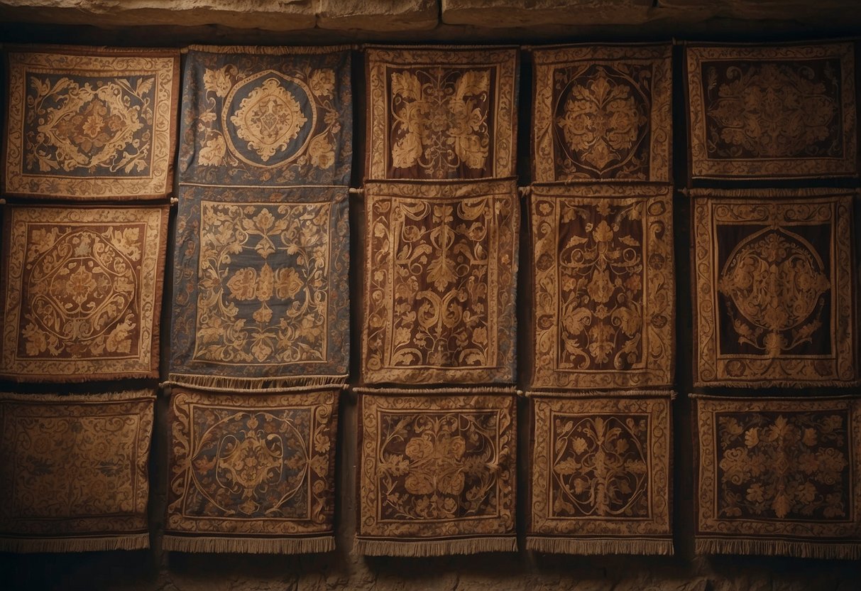 Tapestries hang on stone walls, displaying intricate heraldic designs in a medieval home setting