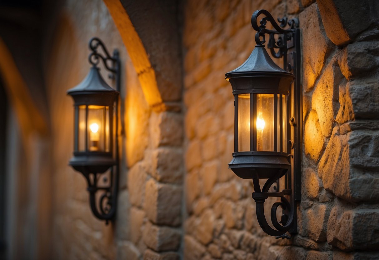 Two wrought iron wall sconces hang on a stone wall, casting a warm glow in a medieval home decor setting