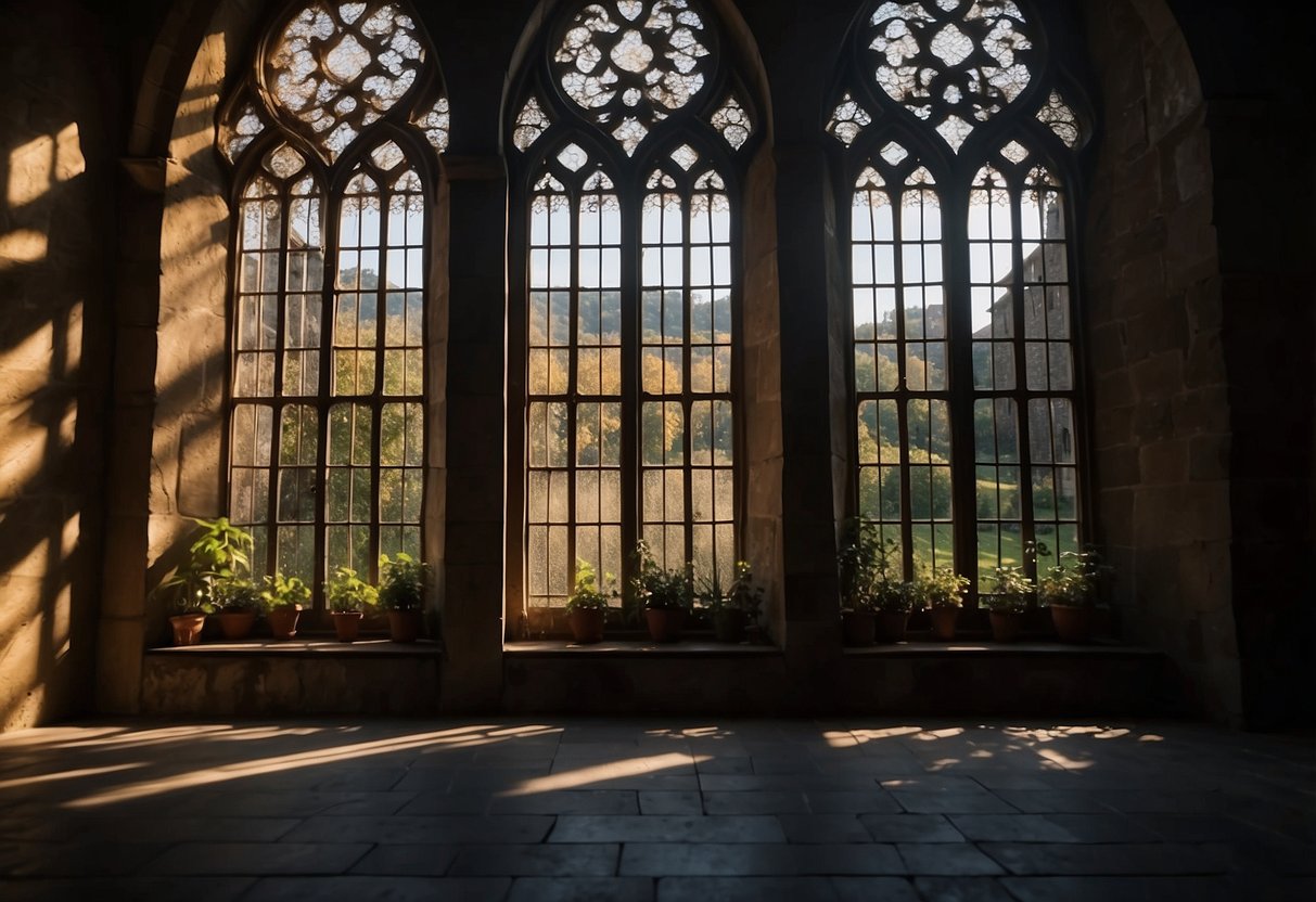 The tall gothic arched windows cast long shadows in the dimly lit medieval home, creating an atmosphere of mystery and grandeur