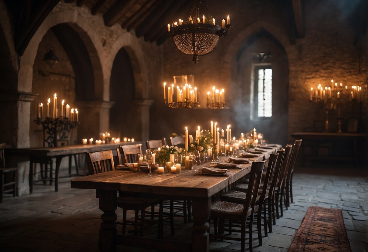 A rustic dining table made of reclaimed wood stands in a dimly lit medieval hall, surrounded by tapestries and flickering torches