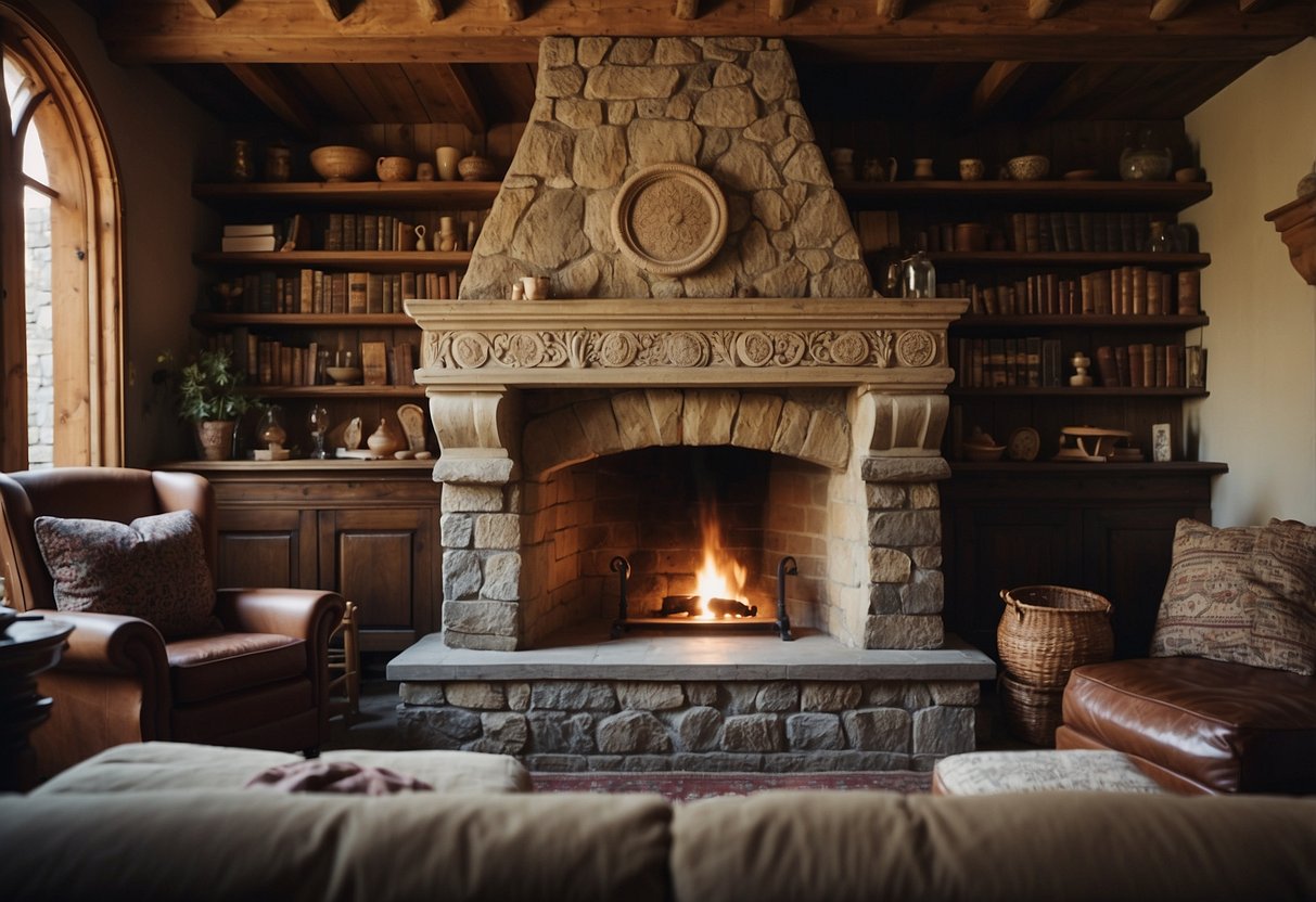 A stone fireplace stands as the focal point in a medieval home, surrounded by intricate carvings and ornate details, creating a cozy and historic ambiance