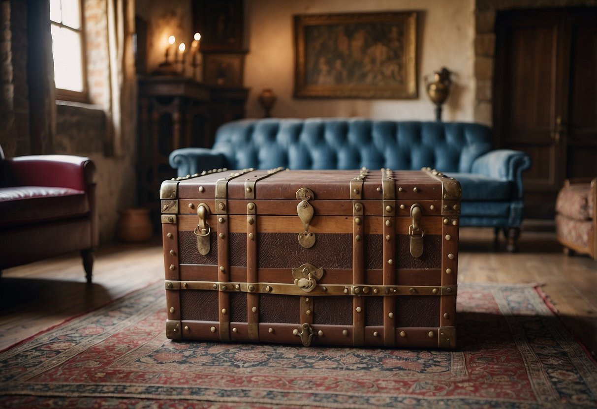 A vintage trunk serves as a coffee table in a medieval-themed home. The room is adorned with tapestries, suits of armor, and flickering torches