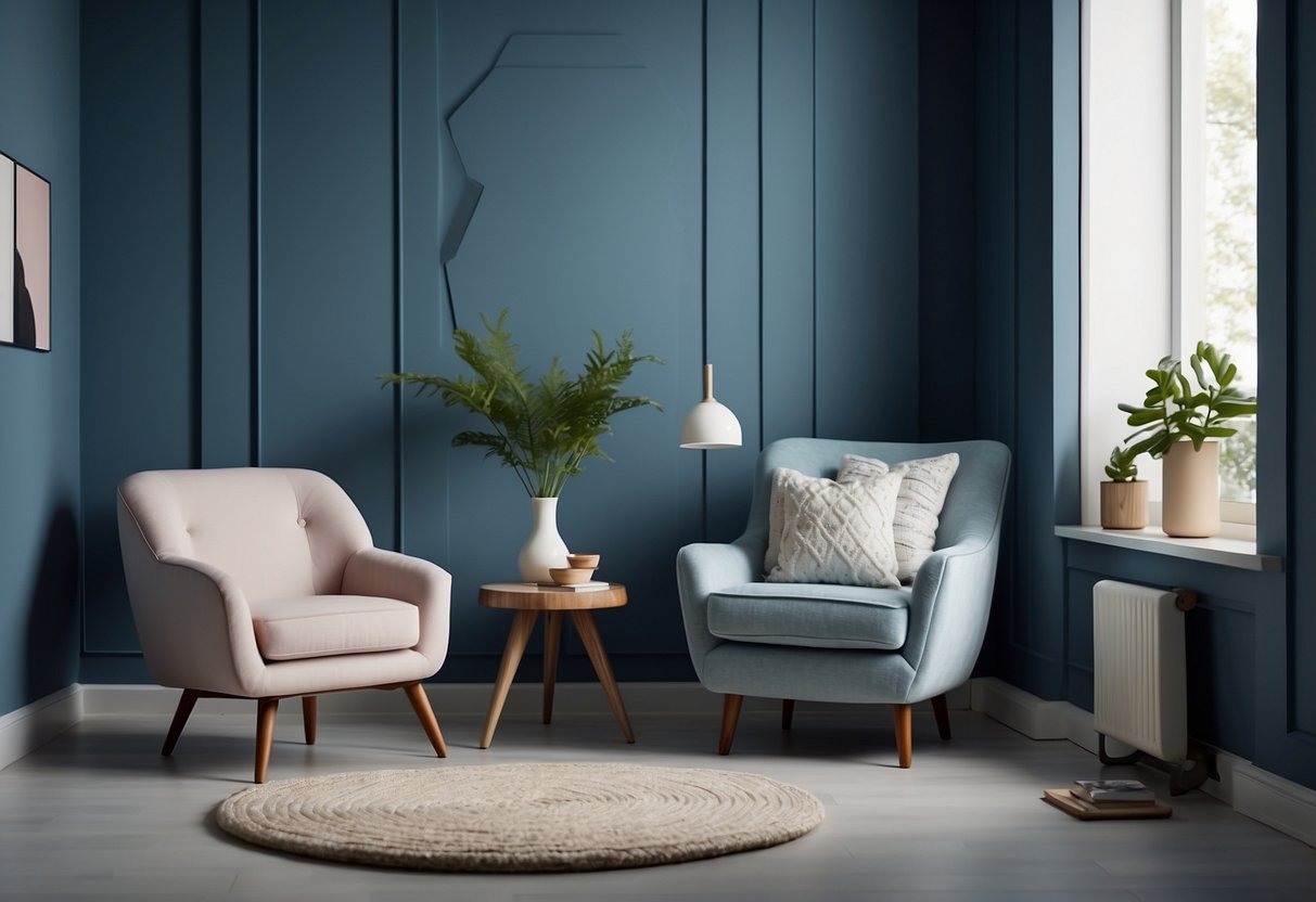 A bedroom with soft blue walls and white trim. A feature wall painted in a bold geometric pattern. A cozy reading nook with a plush armchair and a painted accent wall