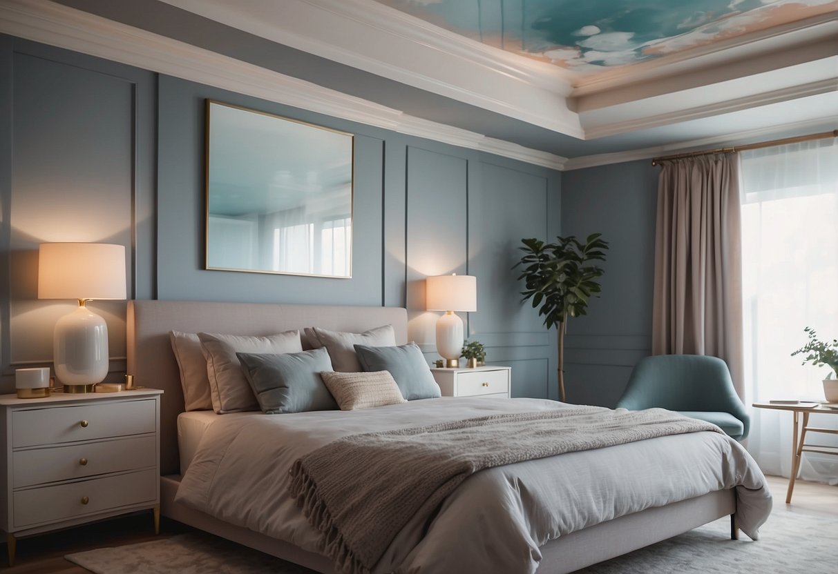 A bedroom with soft pastel-colored ceiling paint, complementing the decor and creating a serene atmosphere