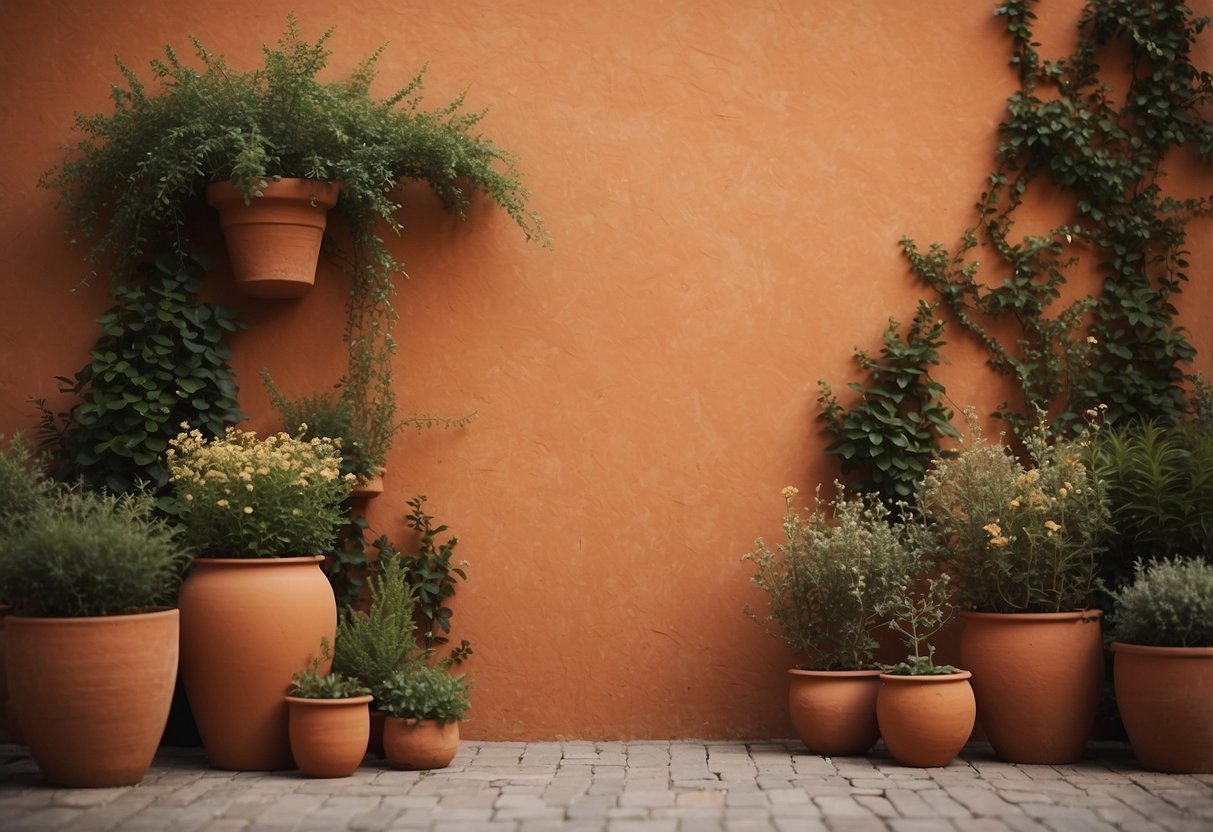 A terracotta wall adorned with earthy decor, warm and inviting