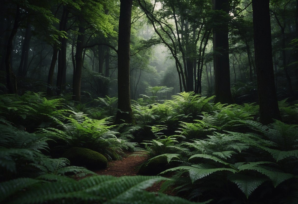 A dark, lush forest with towering trees and vibrant green foliage, evoking a sense of drama and mystery