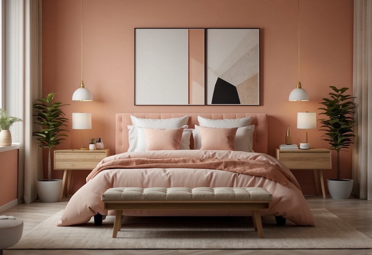 A serene bedroom with coral walls, soft lighting, and minimal decor. A cozy bed with neutral bedding and a few calming accents