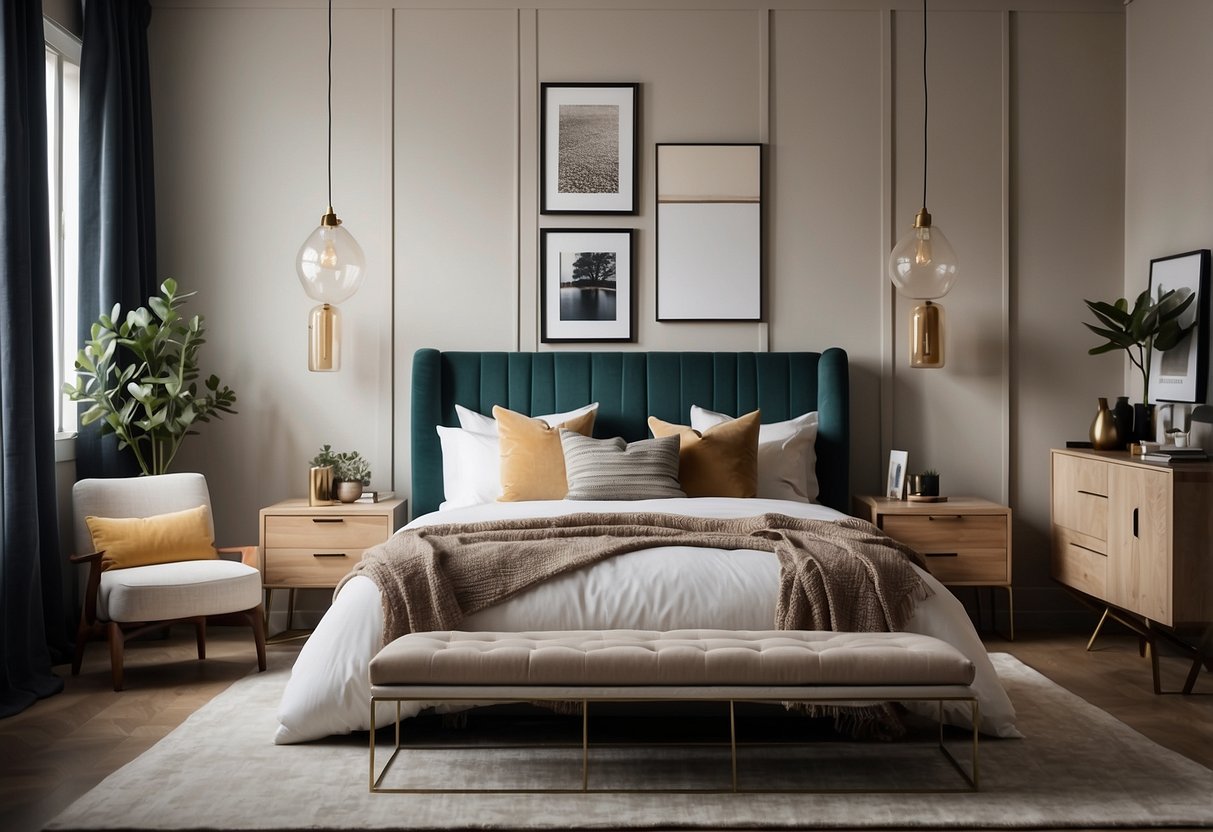 A bedroom with a neutral color palette, textured walls, and bold accent colors. A cozy reading nook with a plush chair and a gallery wall of artwork