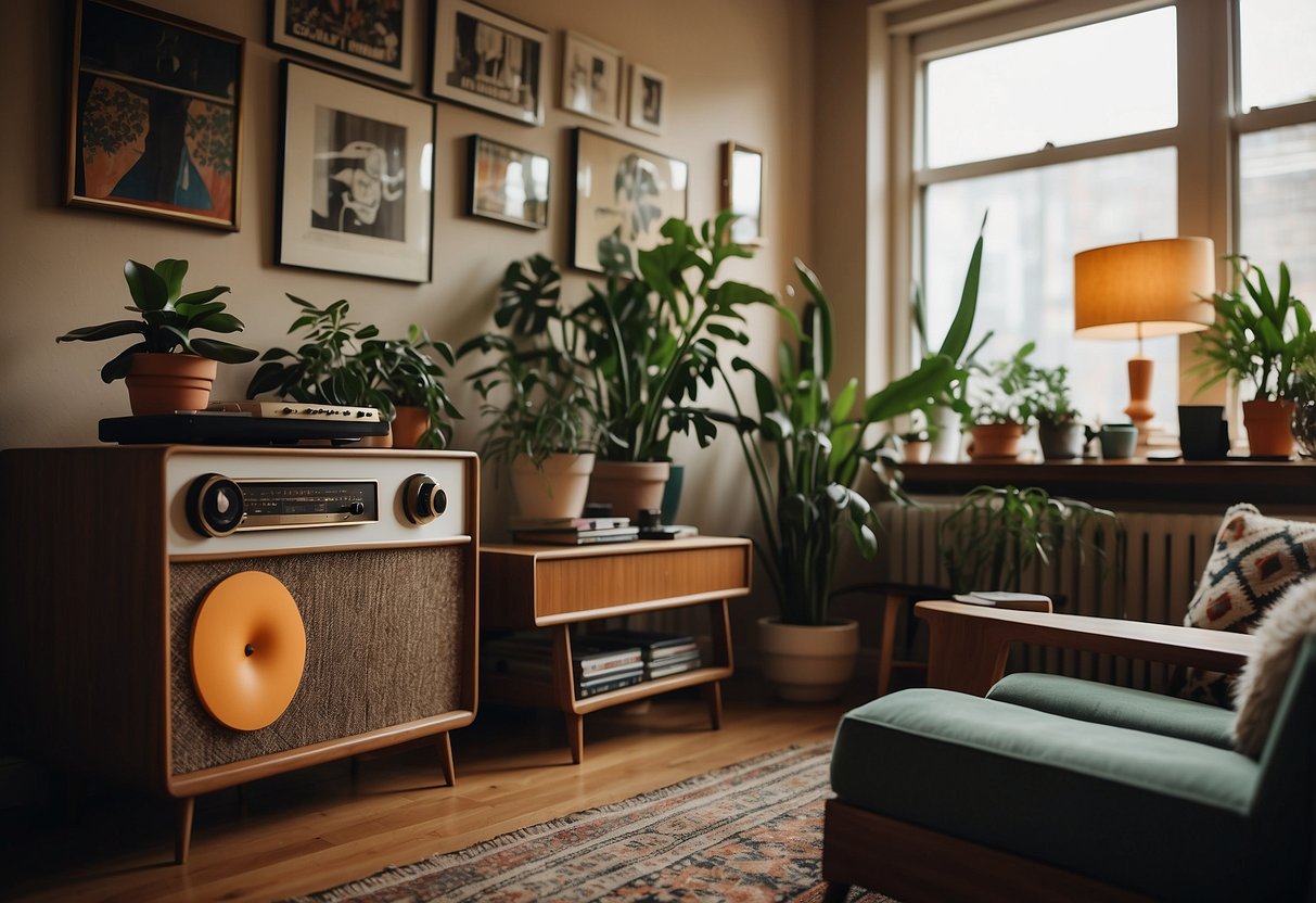 A cozy living room with mid-century furniture, geometric patterns, and vintage posters on the walls. A record player sits on a retro sideboard, surrounded by potted plants and a shag rug