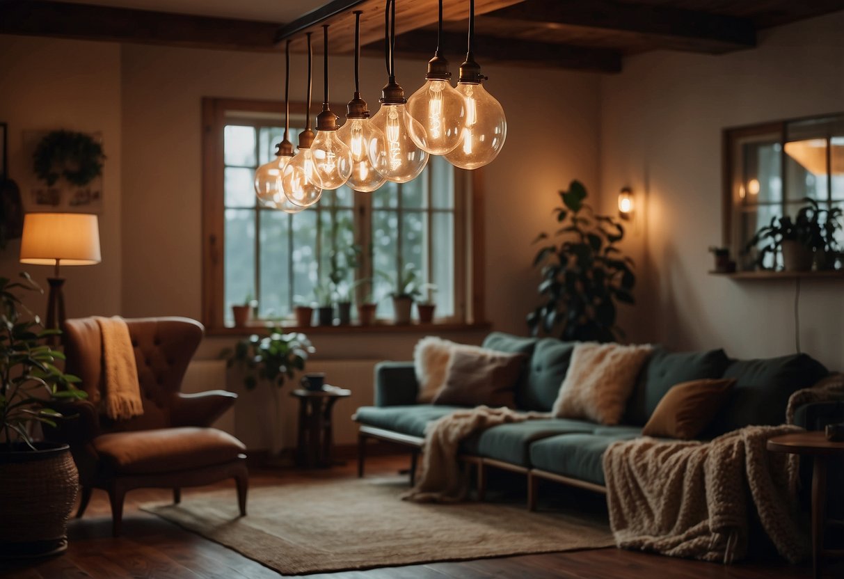 A cozy living room with vintage furniture and a cluster of Edison bulb pendant lights hanging from the ceiling, creating a warm and nostalgic atmosphere