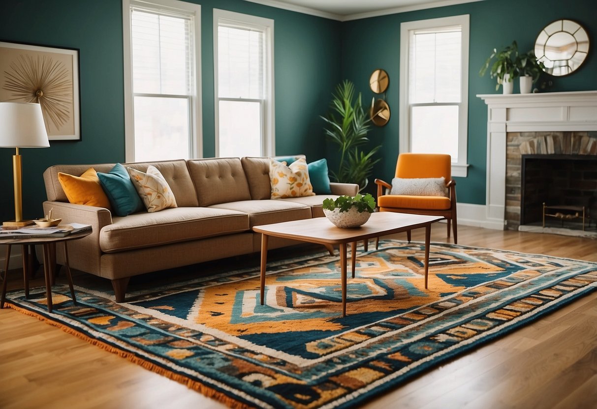 A living room with a vintage geometric patterned rug, paired with mid-century modern furniture and bold, colorful accents