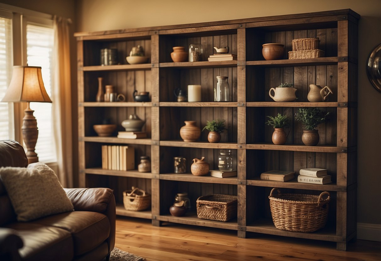 Rustic wood shelves hold vintage decor items in a cozy living room