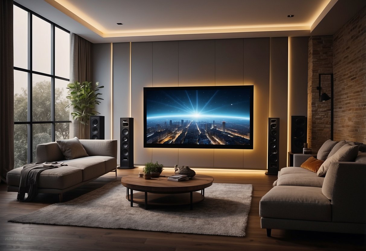 A cozy home theater with a large projection screen, surrounded by framed movie posters and dimmable LED strip lights for ambiance