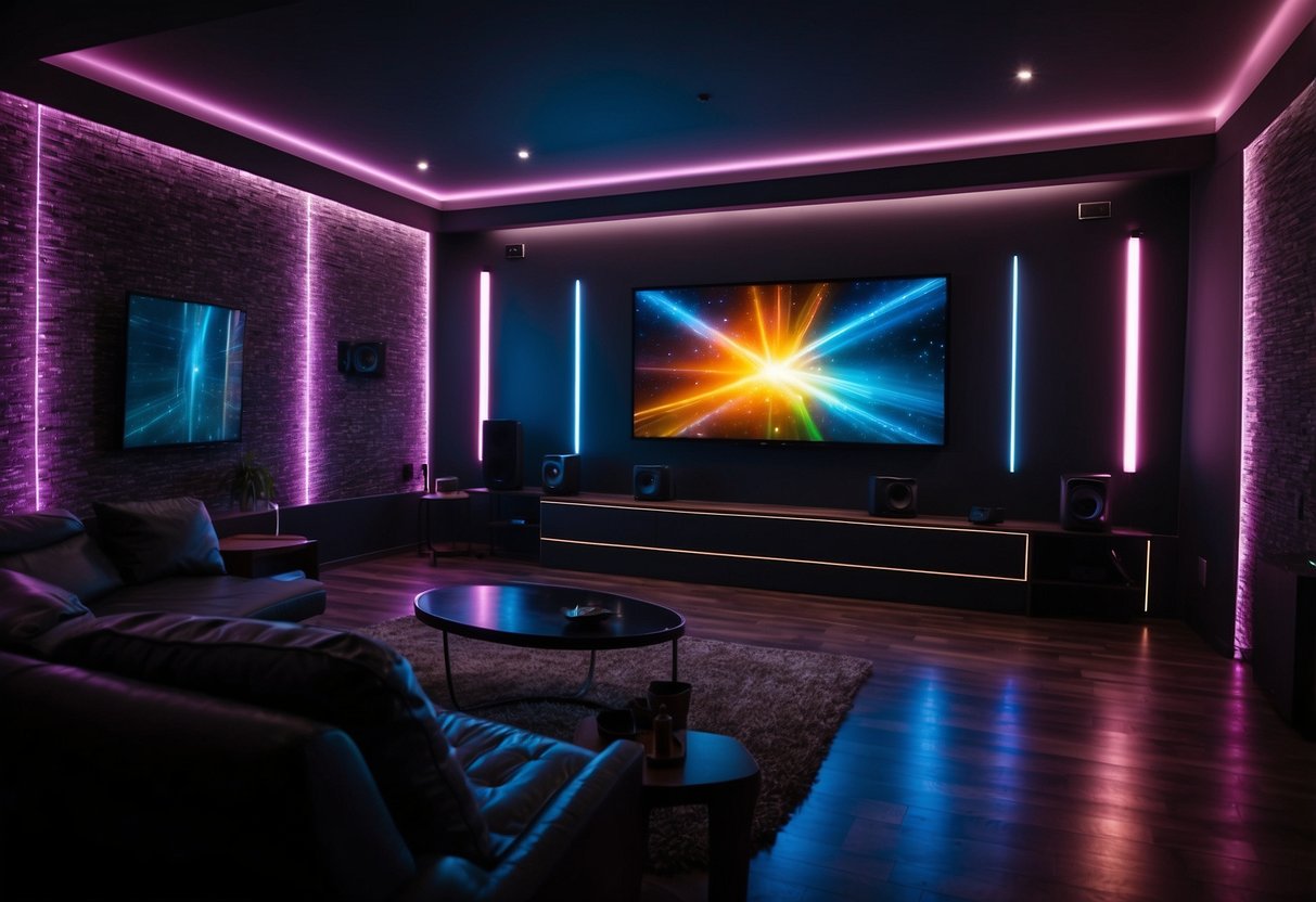 A dark room with LED light strips lining the walls, creating a colorful and vibrant ambiance for a home theater