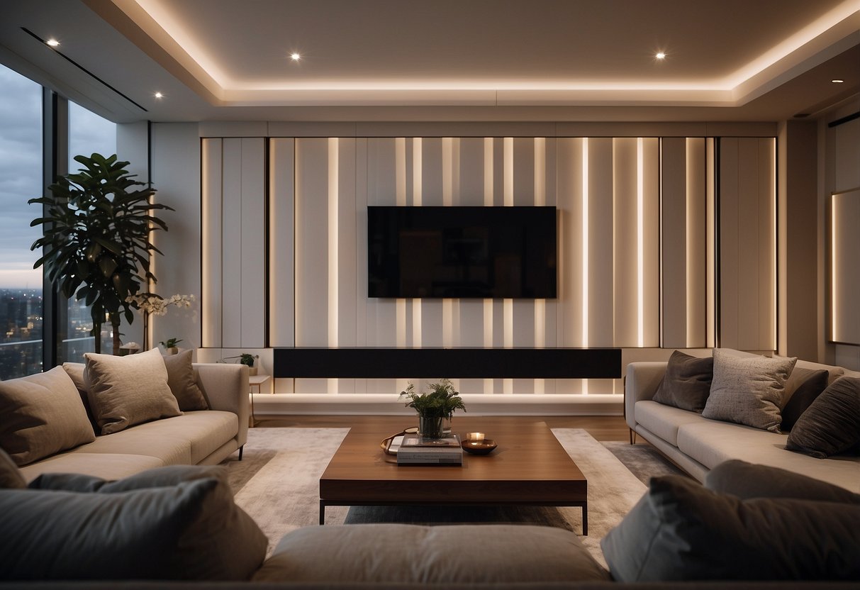 A home theater with acrylic sound panels on the wall, creating a modern and stylish decor. The panels reflect the ambient light, adding a subtle glow to the room