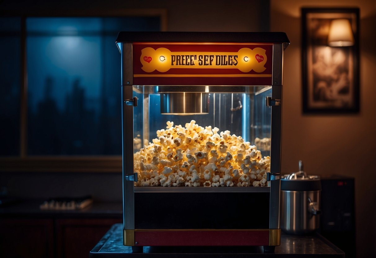 A custom popcorn machine sits against a backdrop of a home theater wall, surrounded by movie posters and dimly lit by soft ambient lighting