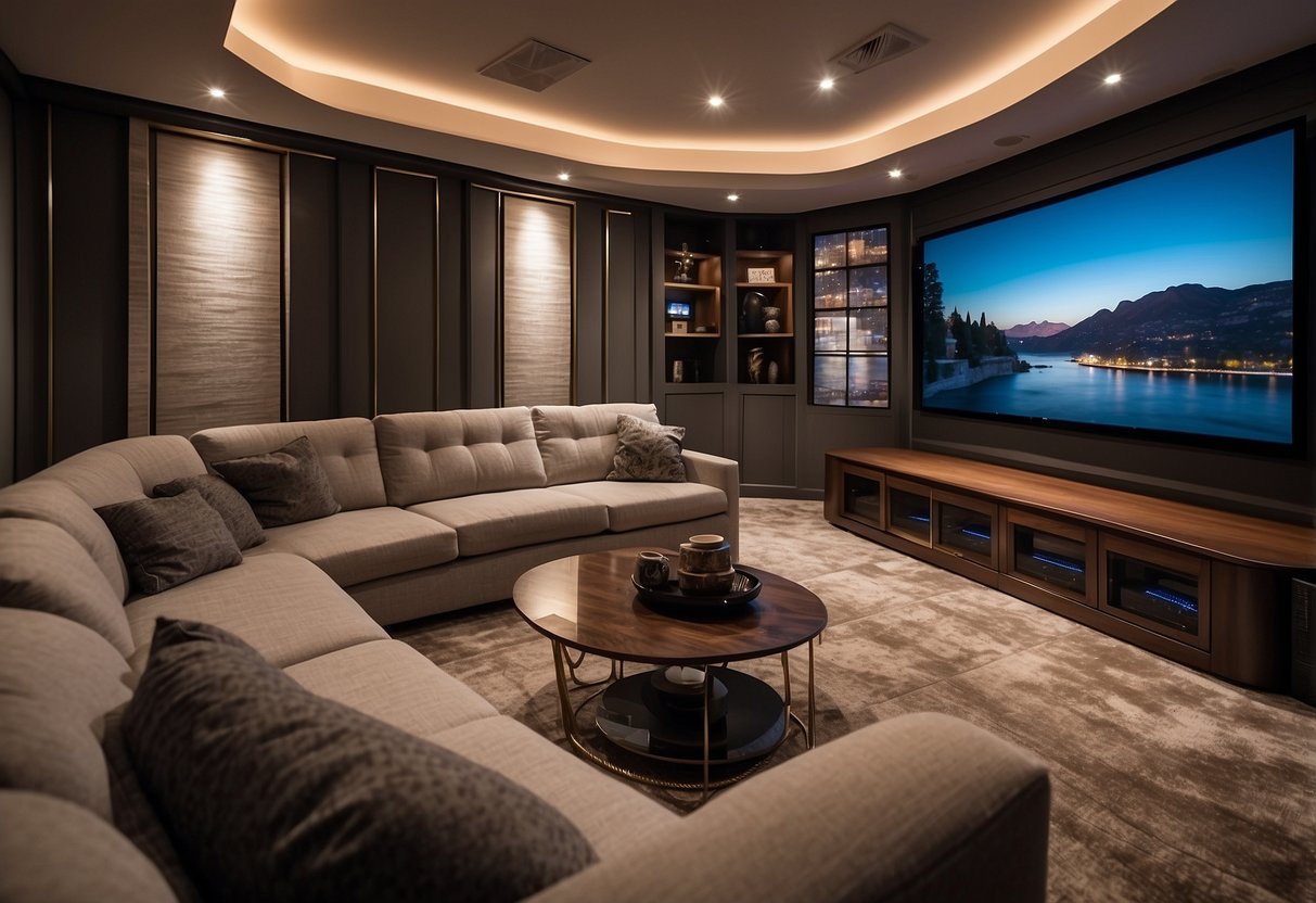 A home theater with acoustic wall tile kits installed, creating a sleek and modern wall decor