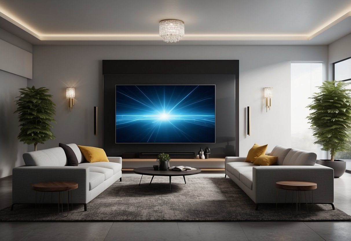 A sleek, modern living room with a large flat-screen TV mounted on the wall, surrounded by LED accent lighting and sound system speakers. A digital art display or interactive projection adds a high-tech touch to the decor