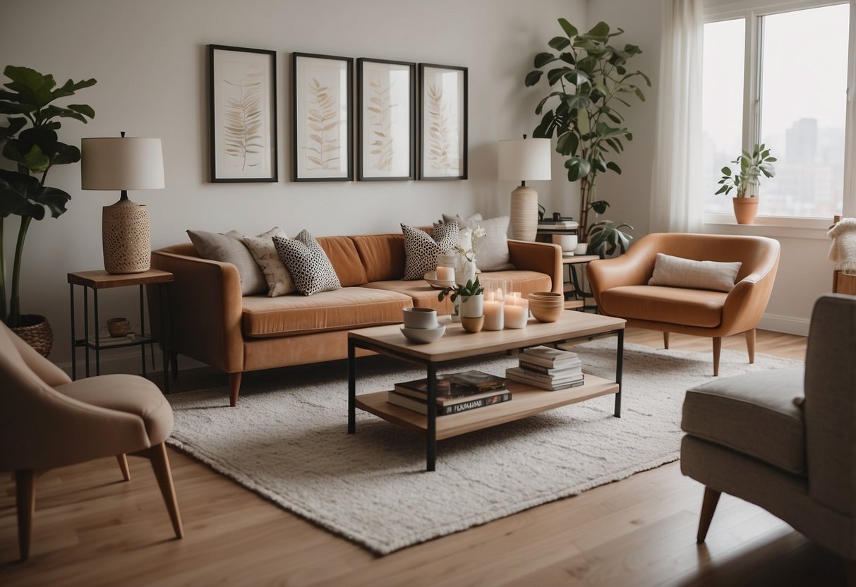 A cozy living room with neutral tones, layered textures, and pops of color. A mix of modern and vintage furniture creates a warm and inviting atmosphere