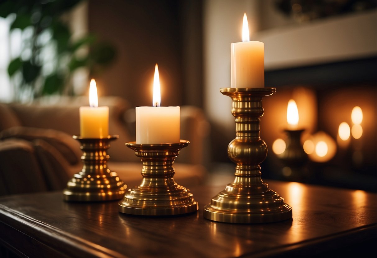 A cozy living room with vintage brass candle holders on a wooden mantel, surrounded by warm-toned decor and soft lighting