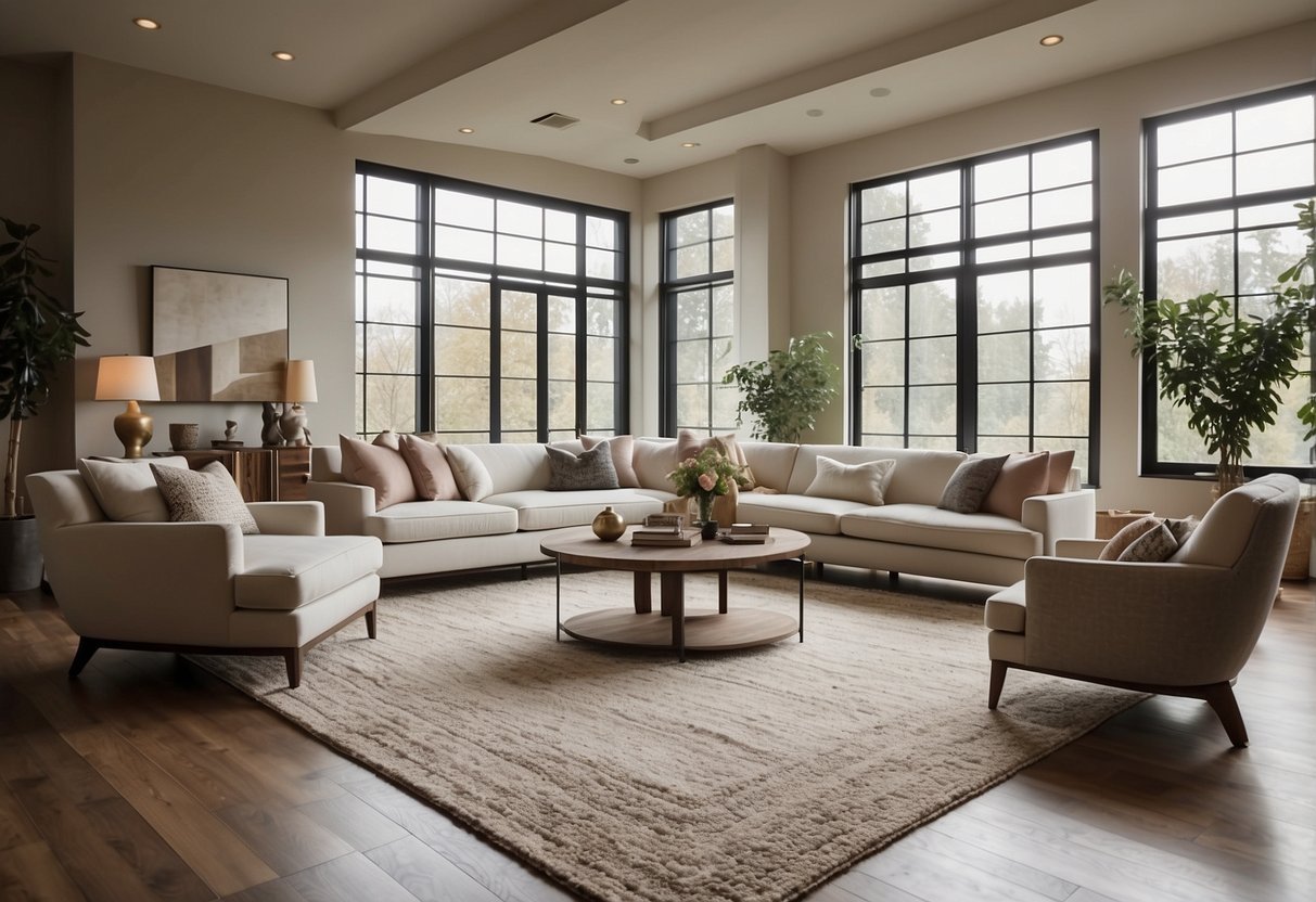 A spacious living room with a neutral color palette features a large geometric area rug as the focal point, adding a modern touch to the transitional home decor