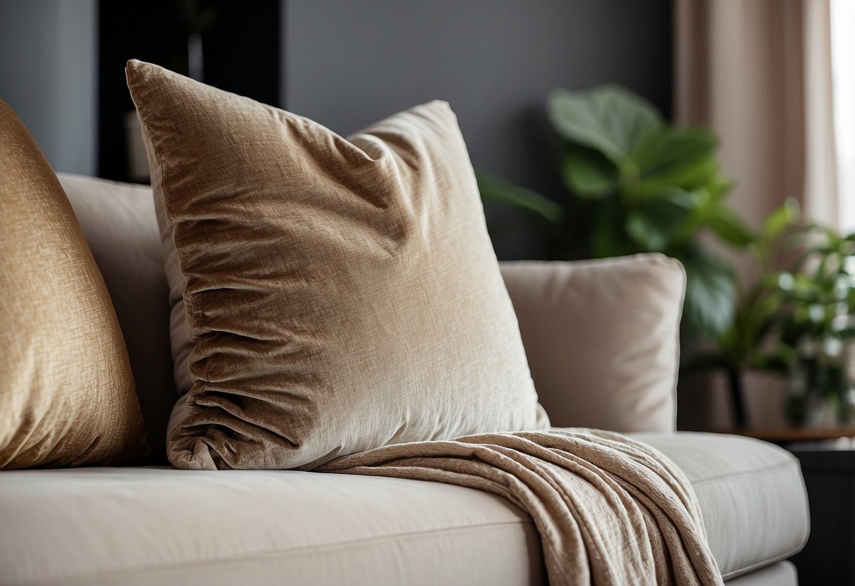 A cozy living room with a neutral color scheme. A plush velvet throw pillow sits on a modern sofa, adding a touch of luxury to the transitional home decor