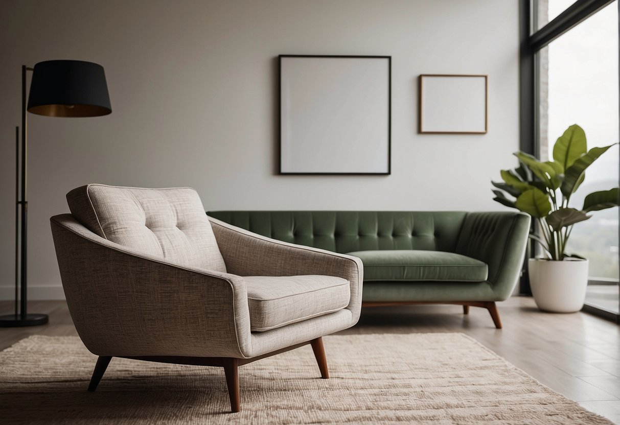 A sleek mid-century modern armchair sits in a minimalist living room, surrounded by clean lines and neutral tones. The room is filled with natural light and adorned with geometric patterns and organic textures