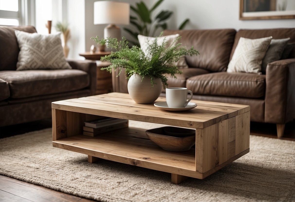 A reclaimed wood coffee table sits in a bright, airy living room. Neutral tones and natural textures create a cozy, inviting space