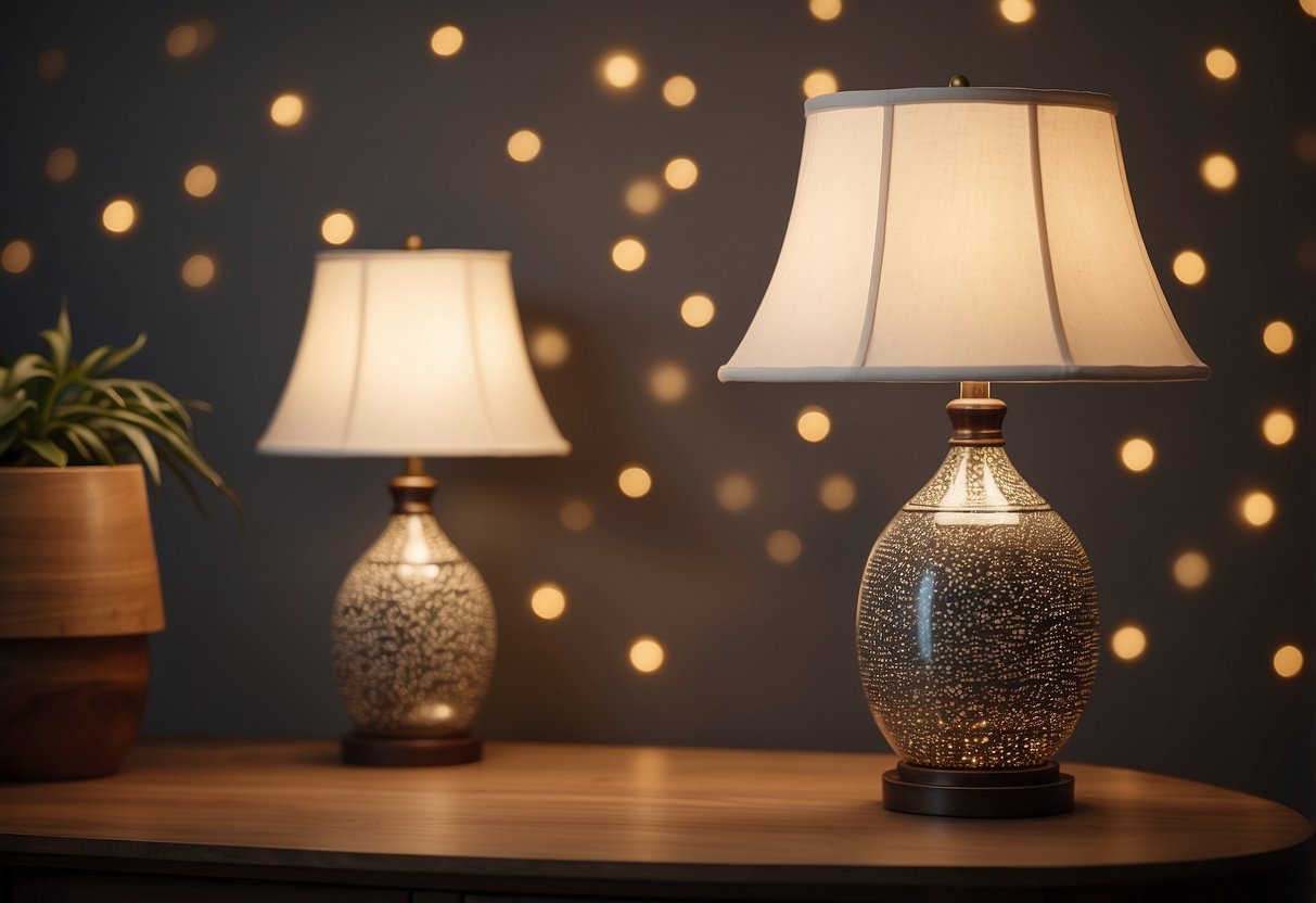 Two ceramic table lamps on a wooden side table, surrounded by neutral-toned decor