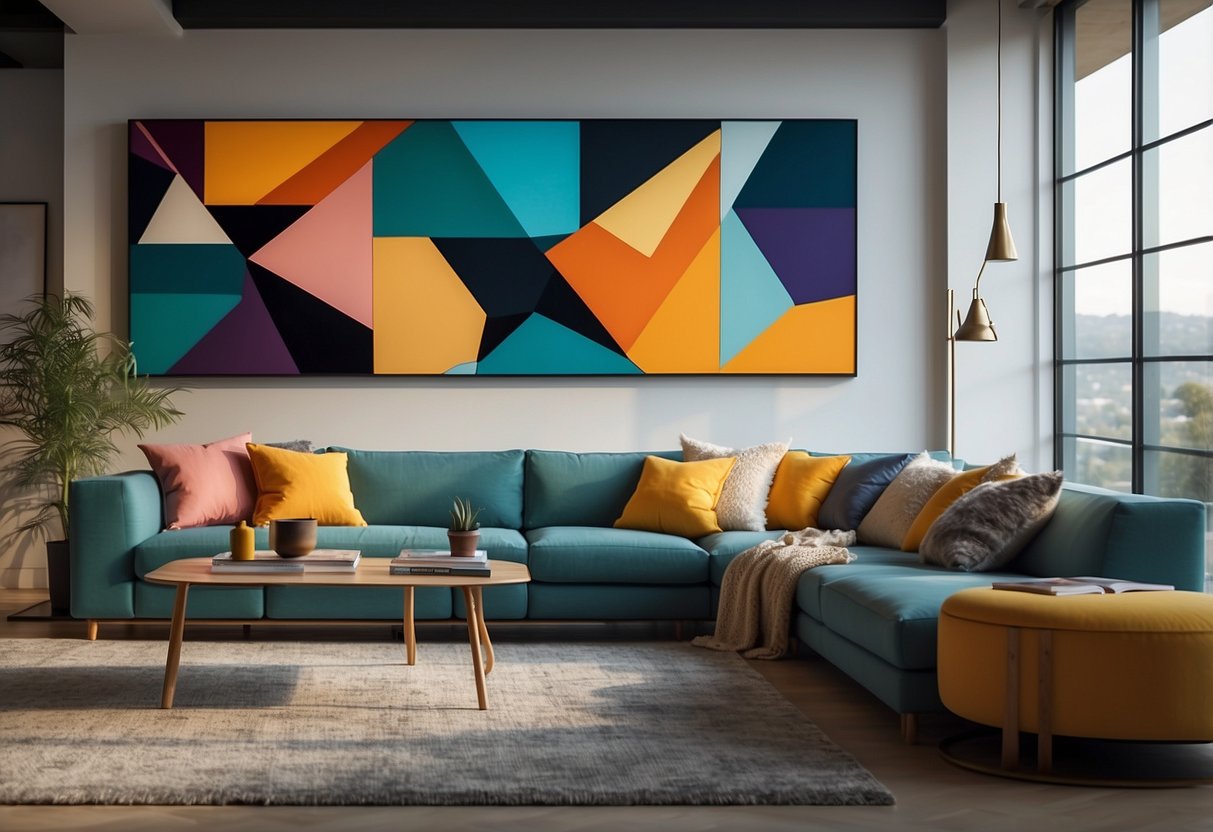 Vibrant colors blend in geometric patterns on a large canvas, creating a modern and abstract focal point in a spacious, well-lit living room