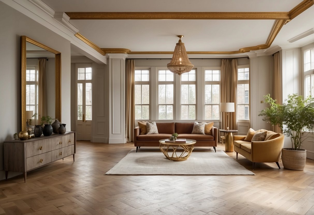 A spacious room with neutral walls and hardwood floors. Two large gold-framed mirrors hang on opposite walls, reflecting the natural light streaming in through the windows