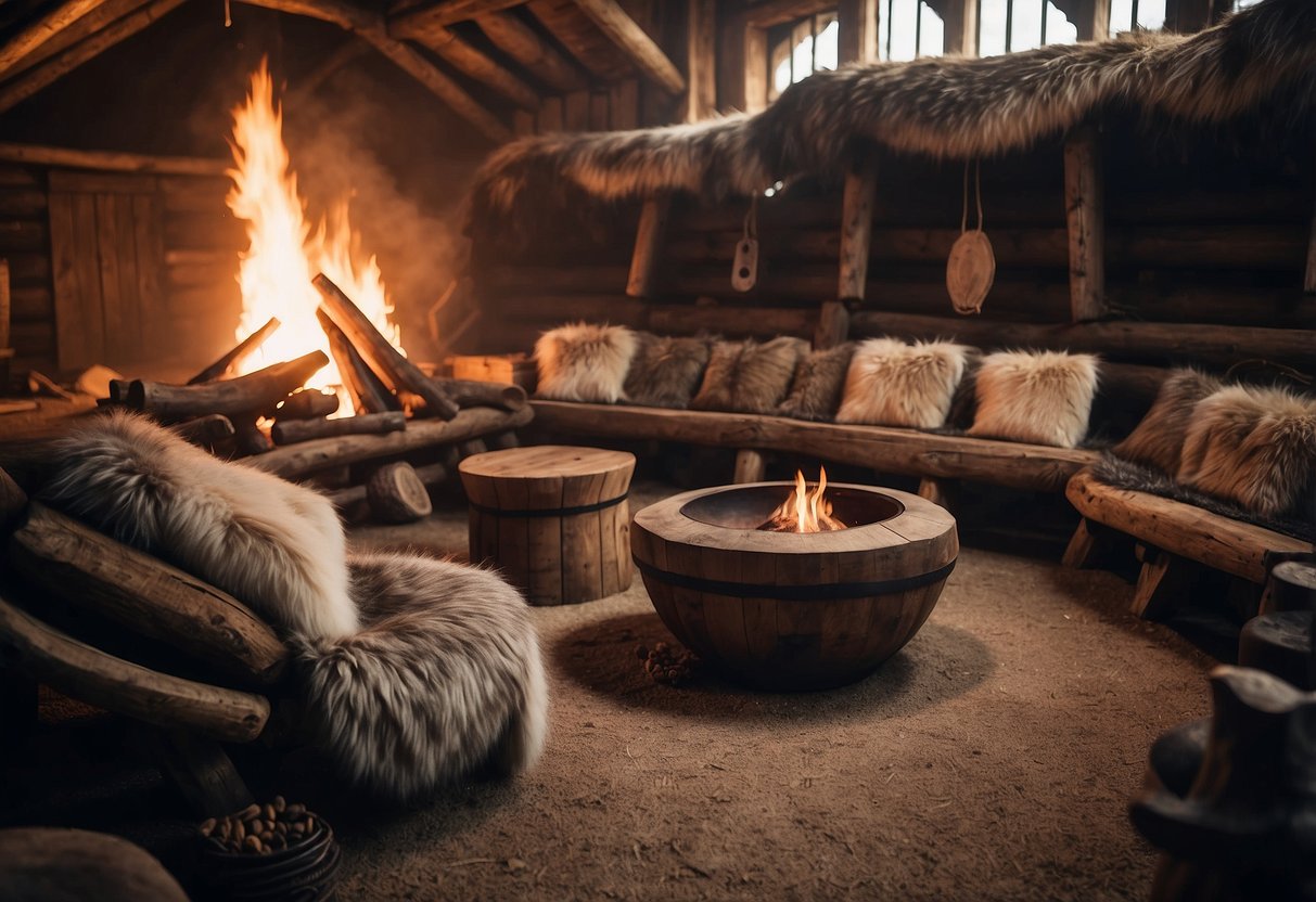 A Viking longhouse with wooden furniture, animal furs, and shields on the walls. A fire pit in the center provides warmth