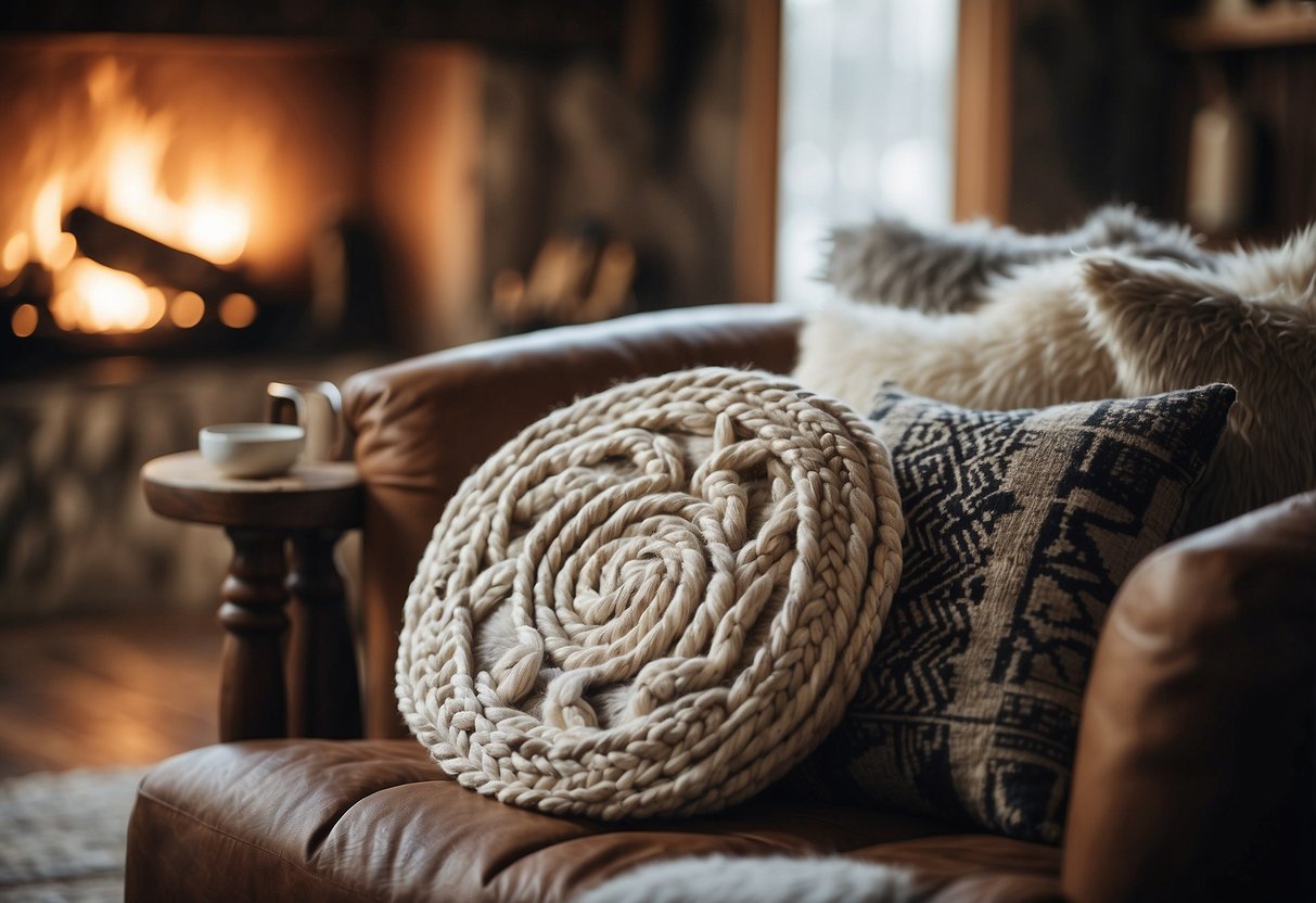 A cozy living room with a Nordic knot pillow on a wooden chair, surrounded by Viking-inspired home decor like shields and fur rugs