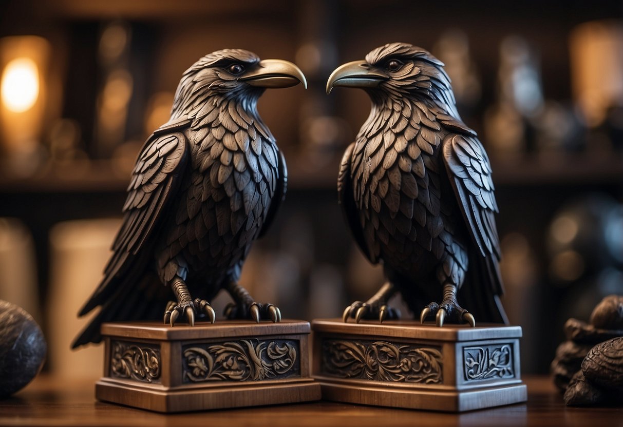 Two Odin's raven sculptures stand guard on a wooden mantle, surrounded by Viking shields and weapons, creating a dramatic and powerful home decor display