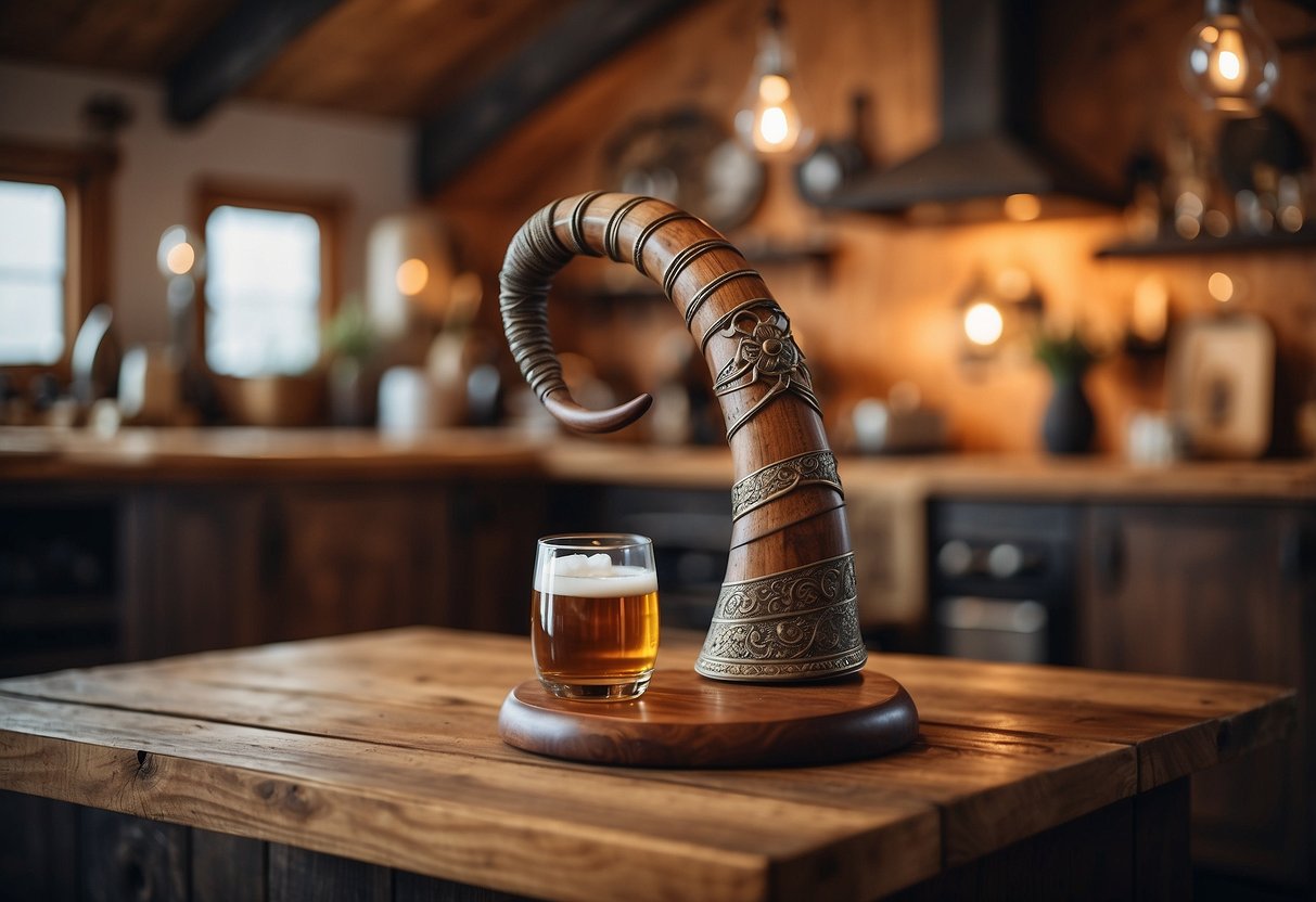 A wooden drinking horn rests on a rustic stand, surrounded by Viking-inspired home decor items