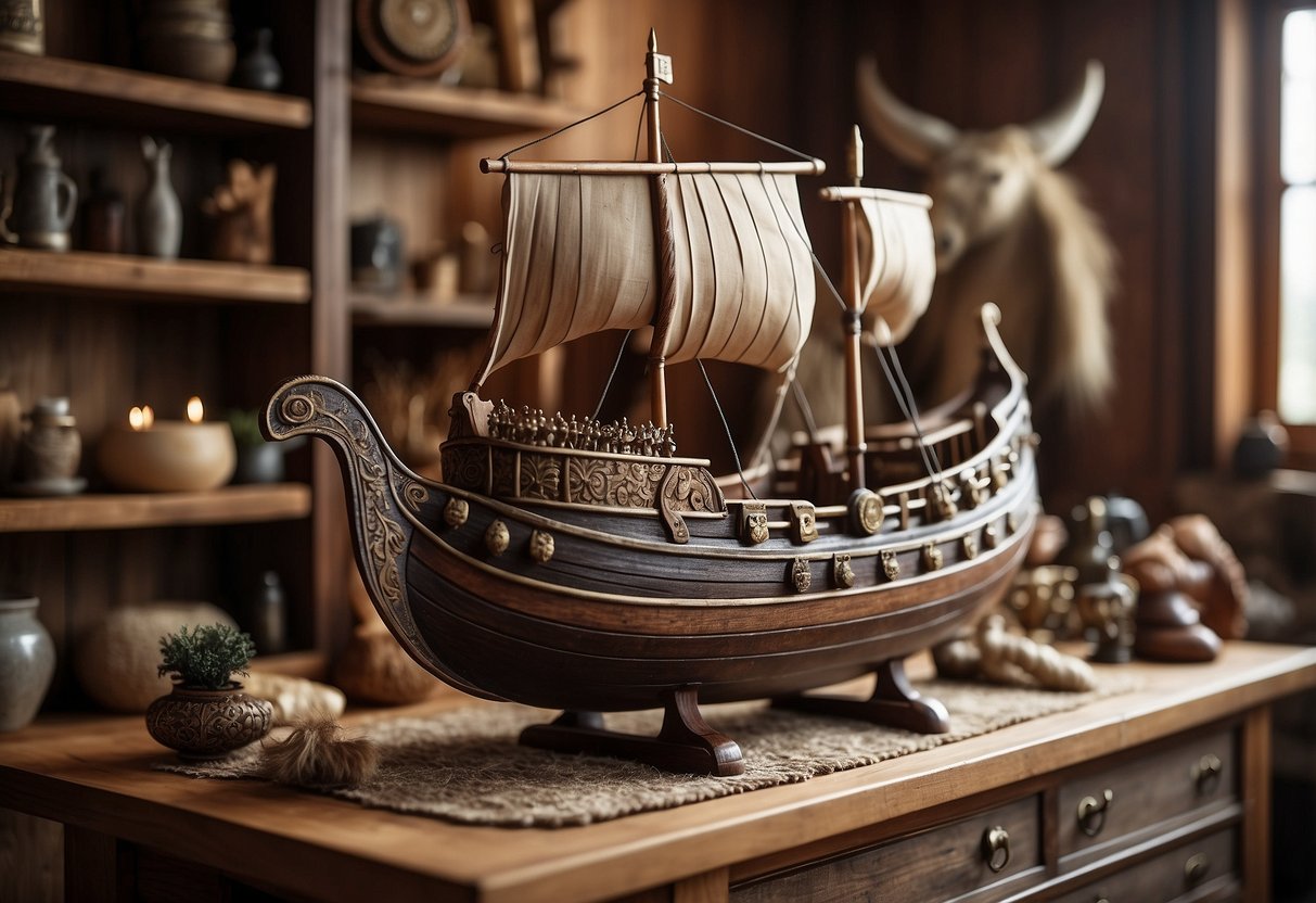 A detailed model of a Viking ship sits on a wooden shelf surrounded by rustic home decor items like fur rugs, shields, and weapons