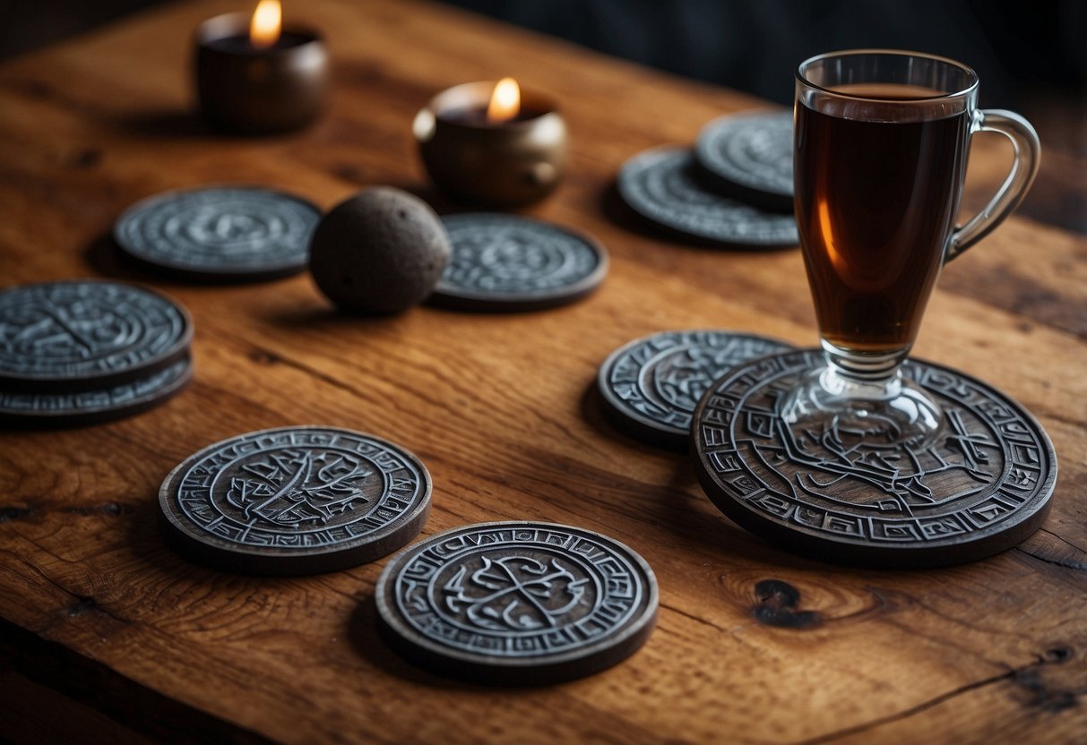 Viking-themed coasters arranged on a wooden table with a runestone centerpiece. Norse symbols and intricate carvings adorn the coasters, creating a rustic and historical atmosphere