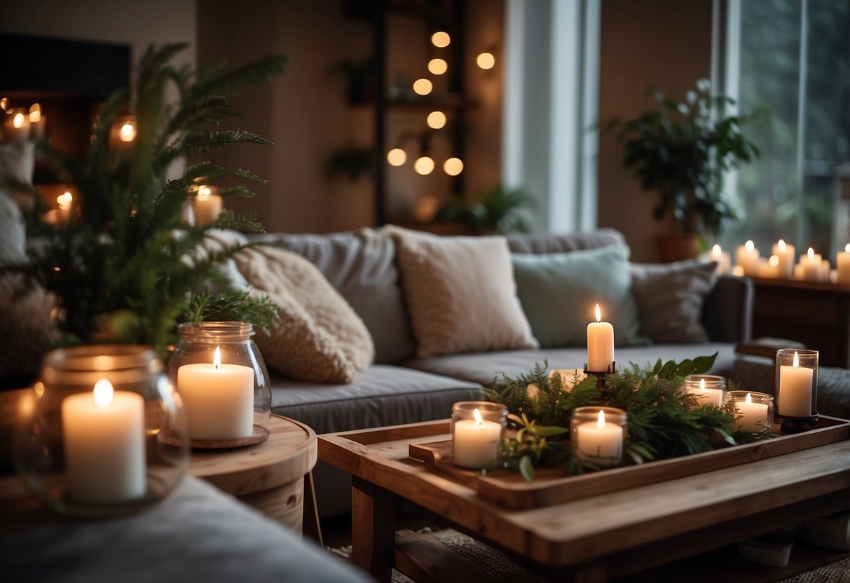 A cozy living room with warm lighting, plush throw pillows, and a rustic wooden coffee table adorned with candles and greenery