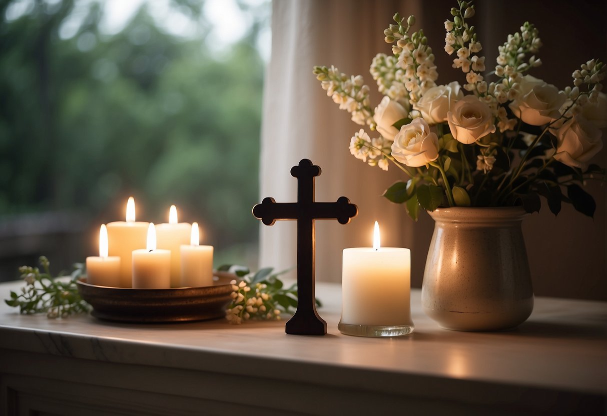 A serene wall cross hangs above a peaceful home altar, surrounded by soft candlelight and a vase of fresh flowers