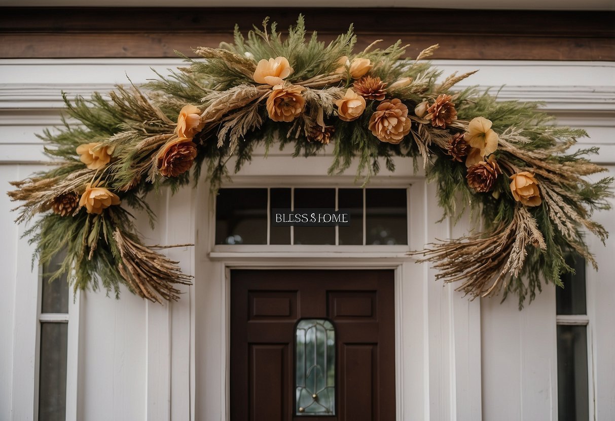 A rustic wooden sign hangs on a front door, with "Bless This Home and All Who Enter" painted in elegant script. A wreath of dried flowers and twigs adorns the sign, adding a touch of warmth and charm to the entrance