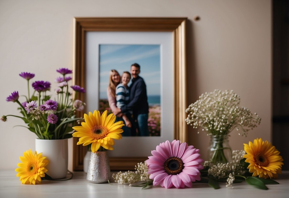 A family photo frame sits on a mantelpiece, surrounded by colorful flowers and smiling faces. The room is filled with warmth and happiness