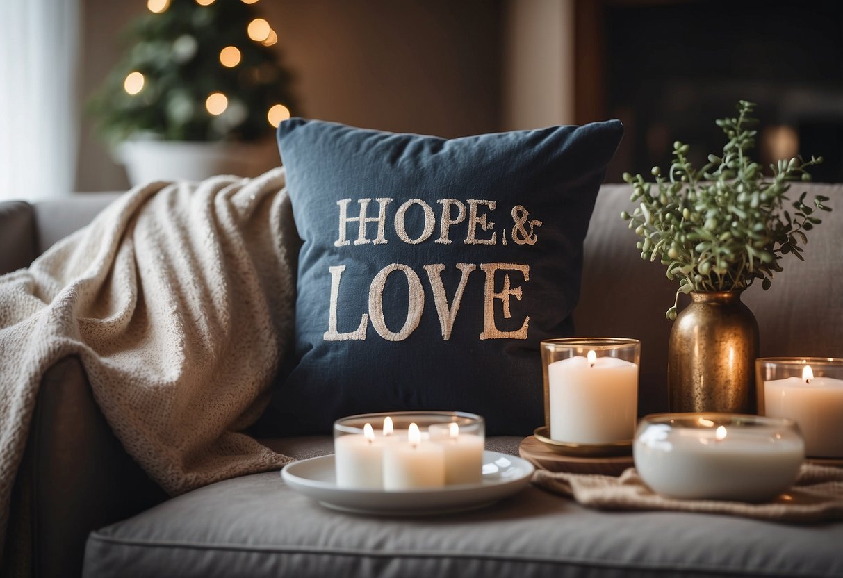 A cozy living room with a plush throw pillow featuring the words "Hope and Love" in elegant script, surrounded by other stylish home decor accents