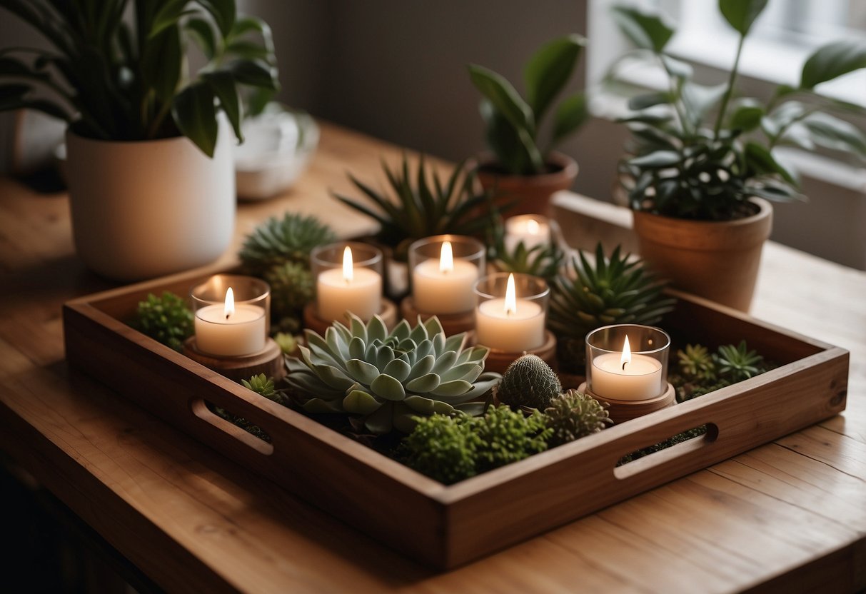 A wooden tray adorned with candles, plants, and inspirational quotes, creating a cozy and blessed home decor atmosphere