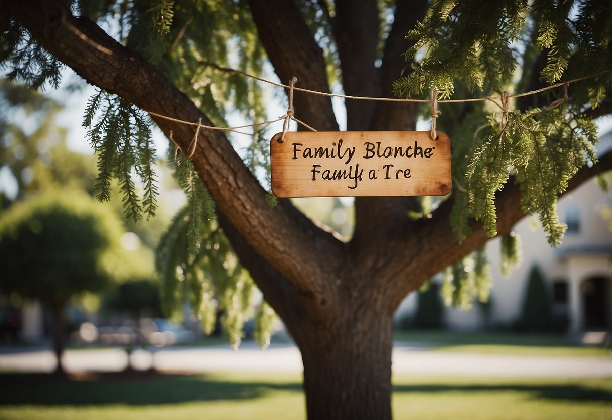 A sturdy tree with multiple branches, each representing a family member, with a sign hanging from one branch that reads "Family Like Branches On A Tree" by Hudson blessed home decor ideas