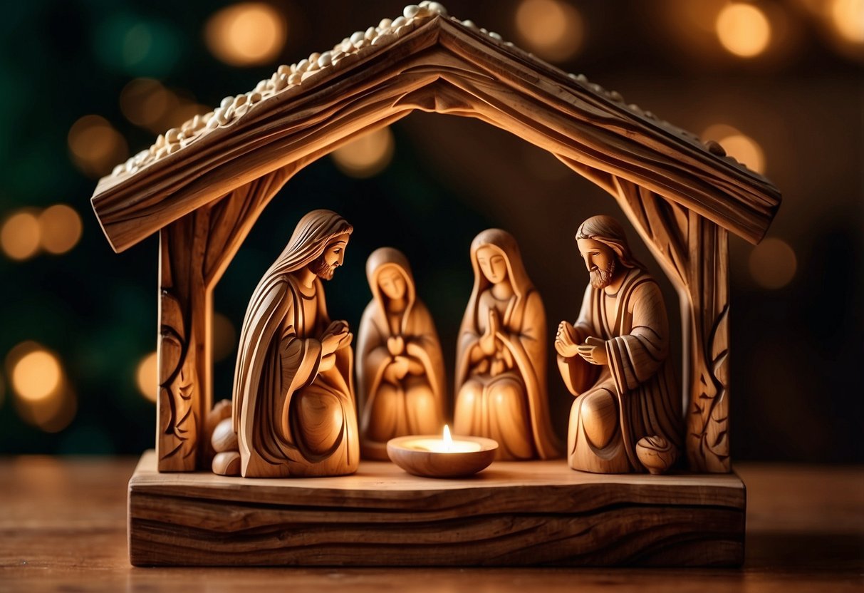 A serene nativity scene, carved from olive wood, sits on a rustic table. The warm glow of candlelight illuminates the intricate details of the handcrafted figures