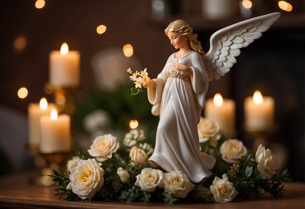 A graceful angel figurine hovers above a mantle, surrounded by soft candlelight and delicate floral arrangements