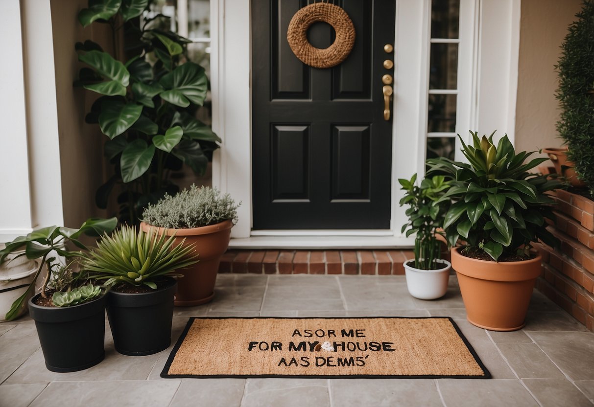 A doormat with the words "As for Me and My House" sits at the entrance of a cozy home, surrounded by potted plants and a welcoming front door