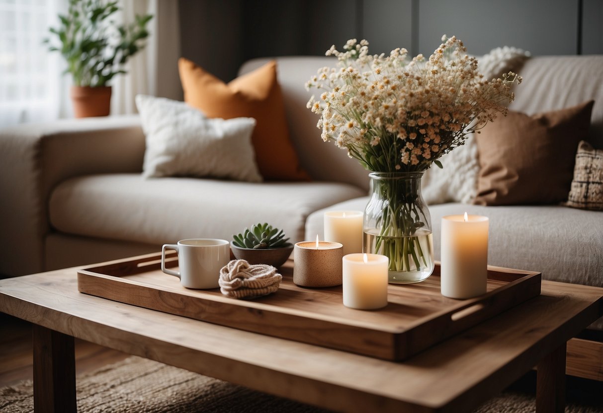 A cozy living room with warm earthy tones, featuring a rustic wooden coffee table adorned with a vase of fresh flowers and a collection of decorative throw pillows on a comfortable sofa