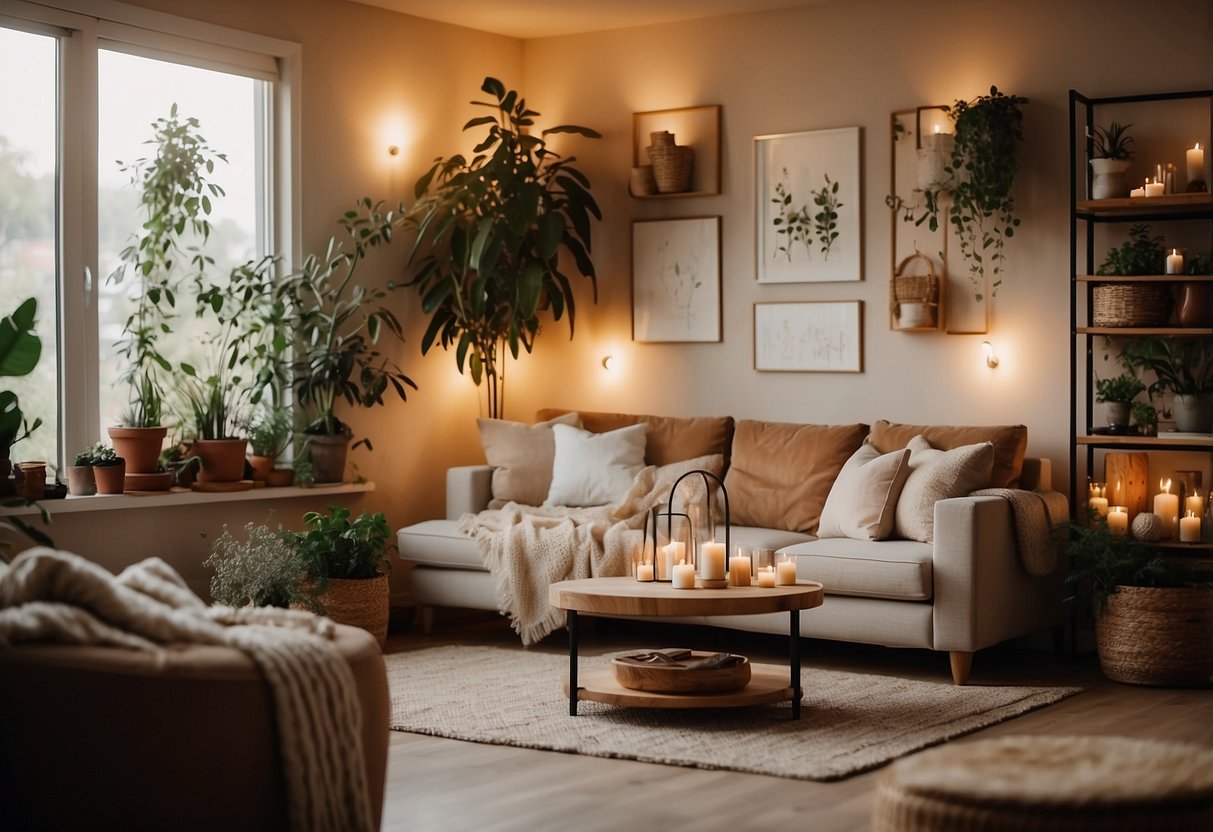 A cozy living room with soft, earthy tones, natural materials, and warm lighting. A shelf adorned with plants, candles, and inspirational quotes