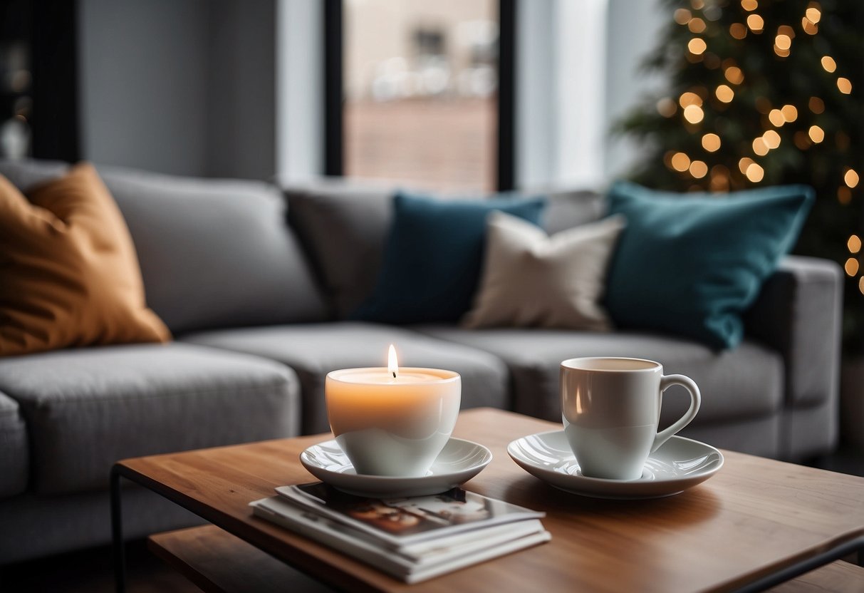 A cozy living room with a stylish bookshelf, soft throw pillows, and a decorative wall art. A scented candle and a set of matching mugs sit on the coffee table